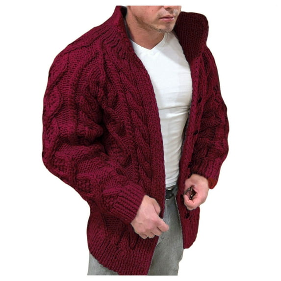 Vedolay Mens Sweaters Winter Long Sleeve Lapel Solid Color Outwear Red,3XL