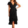 thumbnail image 1 of Vedolay Midi Dress Women's Casual Ruffle Hem Solid Wrap Dress Spaghetti Strap Front Tie Knot Short Dresses,Green M, 1 of 3