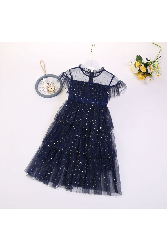 Mini Dress Sleeveless Tulle Mesh Flower Girl Party Dress,Blue 7-8 Years