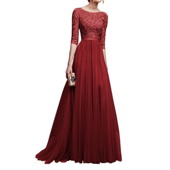 Vedolay Mini Dress Women's V Neck Floral Lace Wedding Dress Short Sleeve Bridesmaid Evening Party Maxi Dress,Red XXL