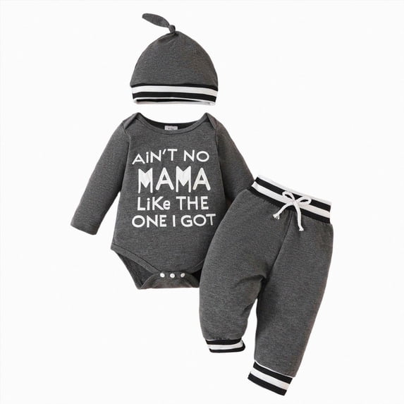 Vedolay Newborn Baby Boy Clothes Ain't No Mama Like The One I Got Letter Print Long Sleeve Romper Pants Hat 3PCS Coming Home Outfit Fall Winter 3-6 Months