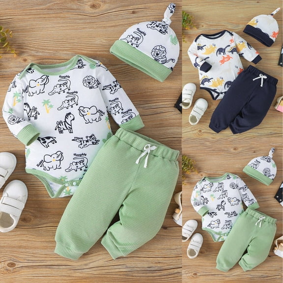 Vedolay Newborn Baby Boy Fall Outfit Long Sleeve Cartoon Pattern Romper Long Pants Hat Set Hat Infant 3Pcs Casual Clothes 3-6 Months