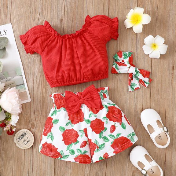 Vedolay Outfits Sets For Girl Girl's 2 Piece Outfits Floral Print Tie Neck Halter Top and Shorts Set,Red 3-6 Months