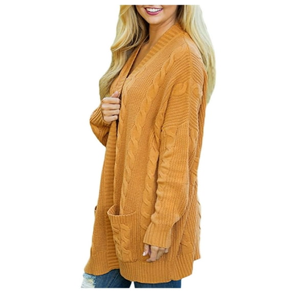 Vedolay Oversized Sweaters for Women Open Front Casual Solid Color Knit Sweater Cover Up with Pockets Yellow,L