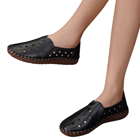 Vedolay Platform Casual Shoes Loafers for Women Slip On Leather Comfort Rubber Sole Flats Shoes,Black 6.5