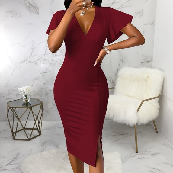 Vedolay Plus Size Formal Dresses For Women Women's Summer Dress Square Neck Short Sleeves Crossover Waist Formal Party Mini Dress, L