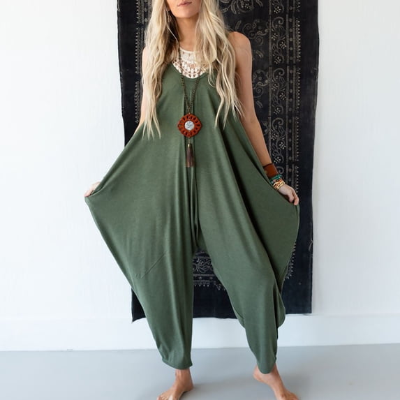 Vedolay Plus Size Rompers For Women Women's Casual Loose Long Cotton Bib Overalls Baggy Linen Plus Size Jumpsuits Rompers Wide Leg Pants,Green M
