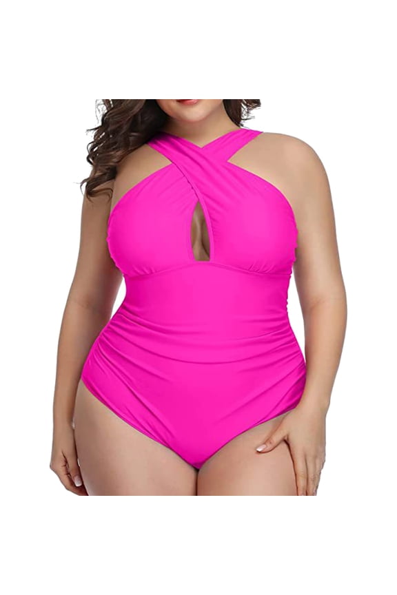 Plus Size Swimsuit Cover Up One Piece Swimsuit for Women Tummy Control Retro V Neck Bathing Suits,Hot Pink XL