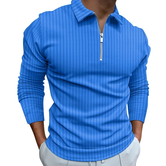 Vedolay Polo Shirts for Men 2023 Zipper Button Long Sleeves Loose Shirt Blue,XL