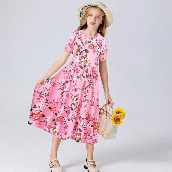 Vedolay Princess Dress Little Girls Summer Sleeveless Dress Causal Floral Beach Sundress Tiered Swing Princess Dress with Ruffle Sleeve,Pink 8-10 Years