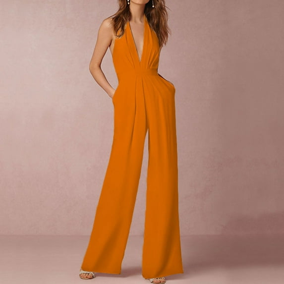 Vedolay Rompers For Women Dressy Jumpsuits for Women Casual Summer 2023 Cutout Sleeveless Crewneck Drawstring Waist Long Pants Romper,Orange M