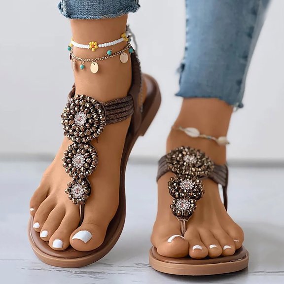 Vedolay Sandals for Women Women's Flat Sandals T-Strap Thong Sandals Summer Flat Sandals,Purple 7.5