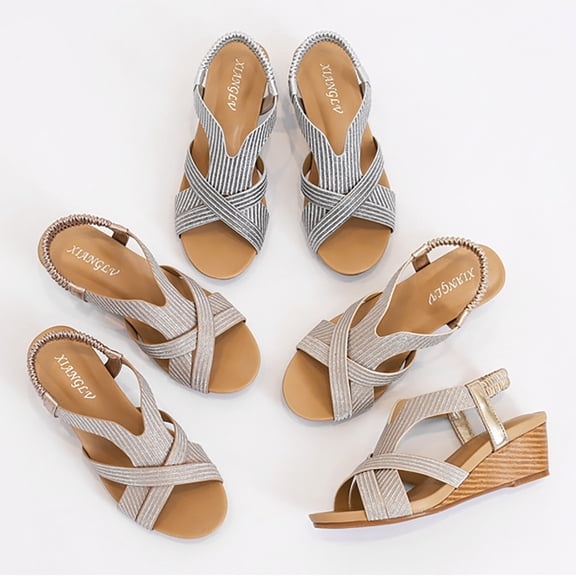 Vedolay Sandals for Women Womens Sandals Open Toe Shoes Sparkly Bling Ankle Buckle Strap Beach Casual Sandals,Gold 8