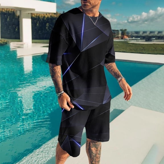 Vedolay Set For Men Casual Summer Men 2 Piece Outfits Summer Casual Crew Neck Shirts and Fit Shorts Set,Blue S