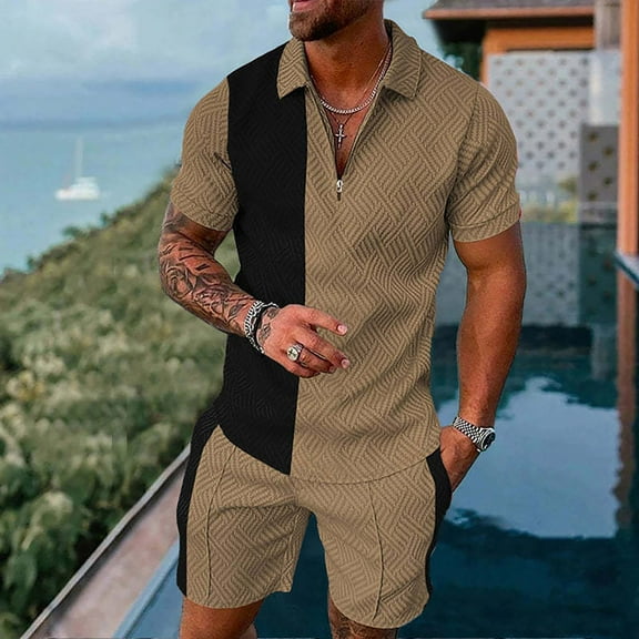 Vedolay Set For Men Casual Summer Men's 2 Piece Outfits Striped Short Sleeve Shirt and Drawstring Shorts Set,Khaki L