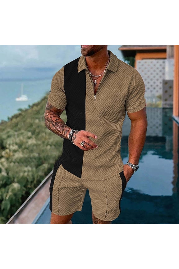 Set For Men Casual Summer Men's 2 Piece Outfits Striped Short Sleeve Shirt and Drawstring Shorts Set,Khaki L