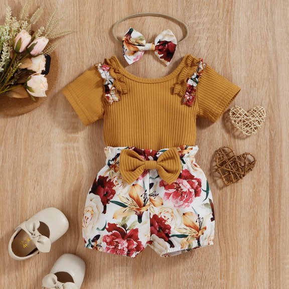 Vedolay Sets For Girls 2 Piece Toddler Girl Clothes Ruffle Floral Embroidery Shirt and Shorts Set,Coffee 9-12 Months