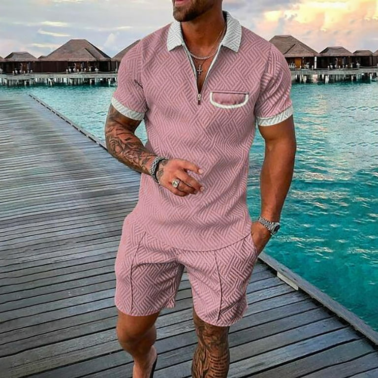 Mens Summer Outfit 2-Piece Set Short Sleeve POLO Shirts and Shorts Set