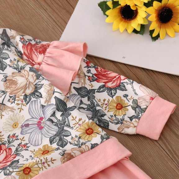 Vedolay Sets for Girls Toddler Girls Outfits 2 Piece Kids Clothes Ruffle Floral Top and Pant Sets with Pockets,Pink 3-4 Years