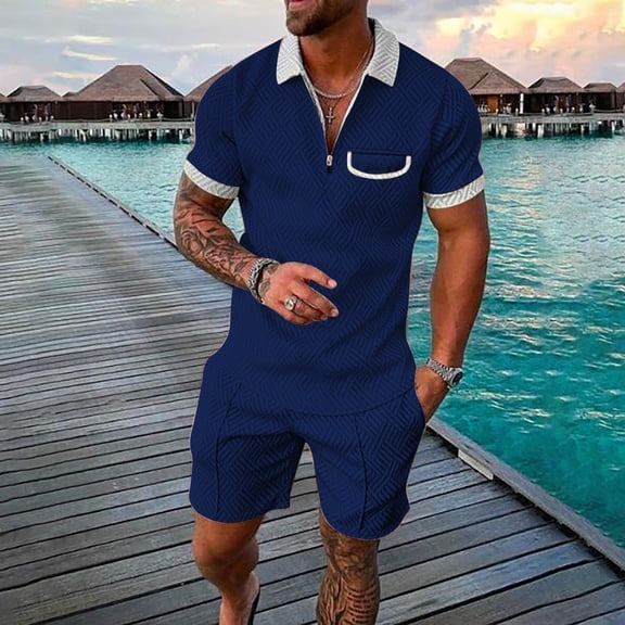 Vedolay Short Outfits For Men Men's 2 Piece Linen Sets Button Down Shirt and Casual Beach Shorts Summer Outfits,Dark Blue L