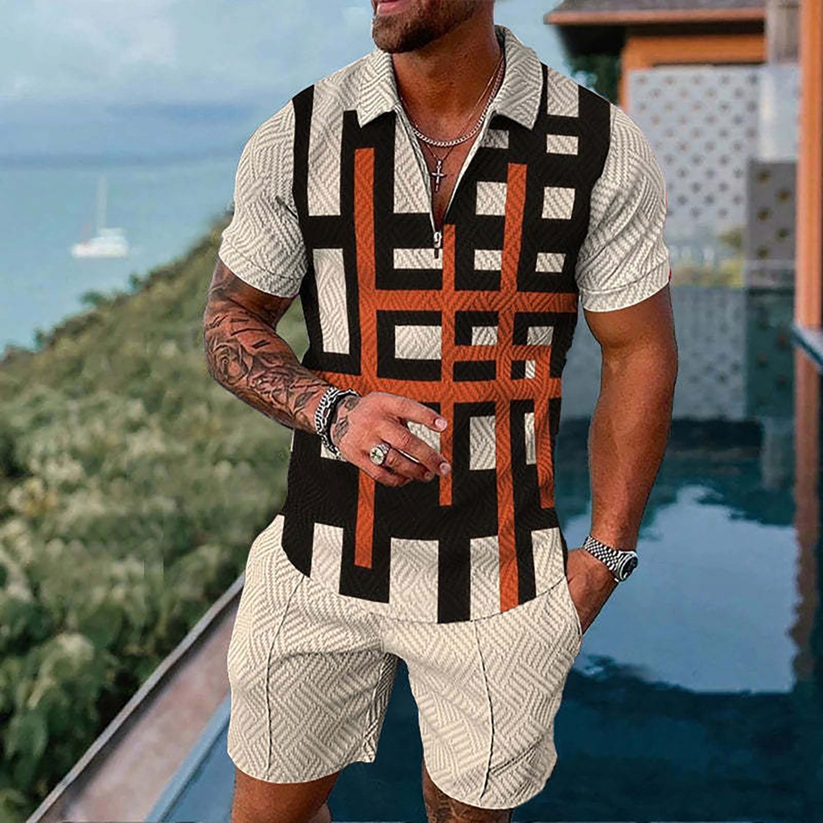 Summer Fashion Mens Clothing  Men's Suits New Zipper Polo Drawstring Shorts Men's Set