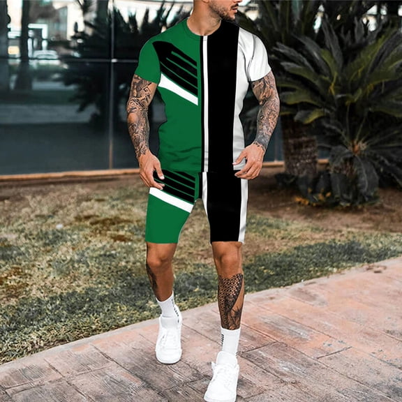 Vedolay Short Outfits Men's Summer Casual Short Sleeve Muscle Tee Shirts and Classic Fit Sport Shorts Sets,Green 5XL