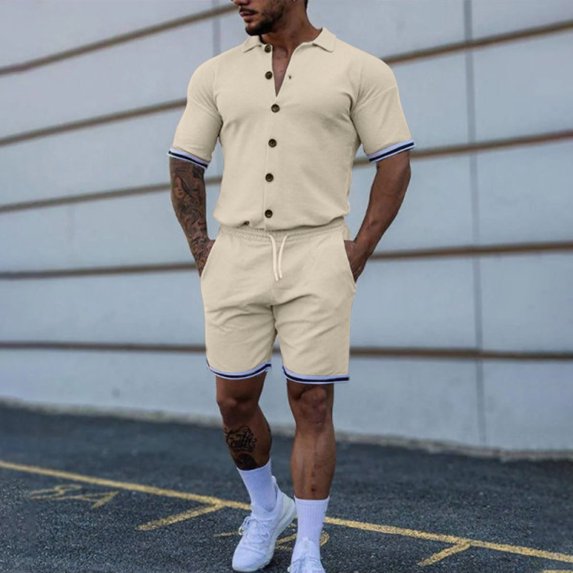 Vedolay Short Set For Men Casual Men's Button Down Shirts Set Color Block Short Sleeve Shirts Drawstring Waist Shorts Tracksuit Set,Gold XL