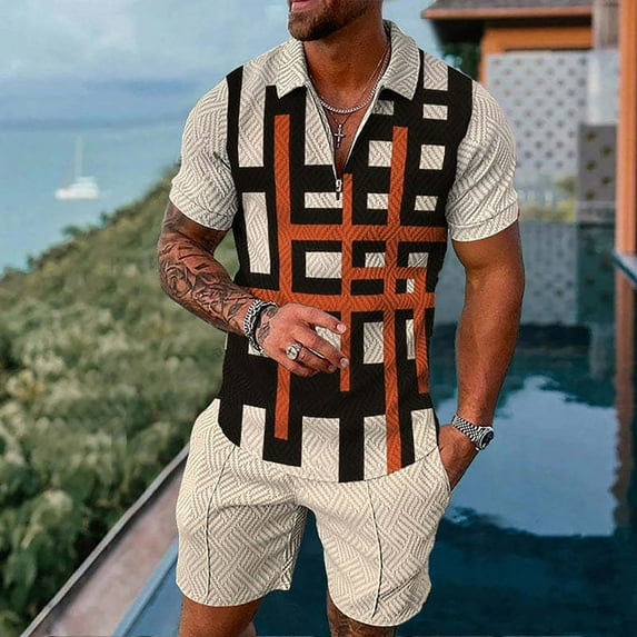 Vedolay Short Set For Men Casual Summer Men's 2 Piece Outfits Color Block Short Sleeve T Shirt and Shorts Set,Orange 4XL