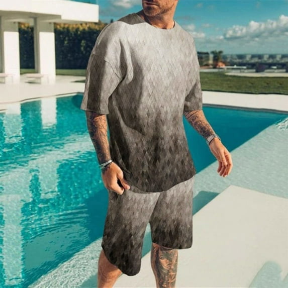 Vedolay Short Set For Men Casual Summer Men's Button Down Shirts Set Color Block Short Sleeve Shirts Drawstring Waist Shorts Tracksuit Set,Blue L