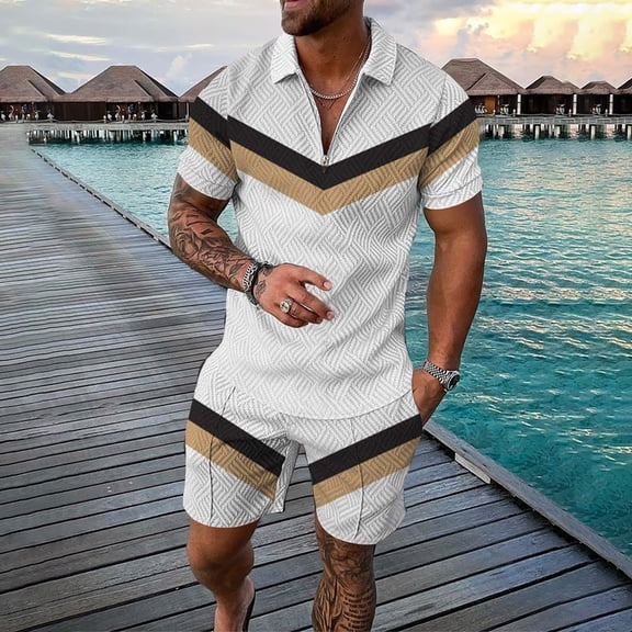 Vedolay Short Set For Men Casual Summer Men's Summer 2 Piece Outfits Casual Short Sleeve Muscle Shirts and Fit Sport Shorts Set,White M