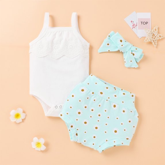 Vedolay Short Set For Girl Casual Summer Girl's 2 Piece Summer Outfits Floral Print Ruffle Sleeveless Top and Paperbag Waist Shorts Set,Light Blue 9-12 Months