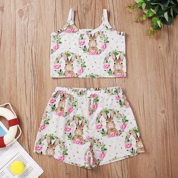 Vedolay Short Sets For Girls Girl's 2Pc Sets Ruffle Tank and Drawstring Shorts Set Summer Outfits,B 3-4 Years