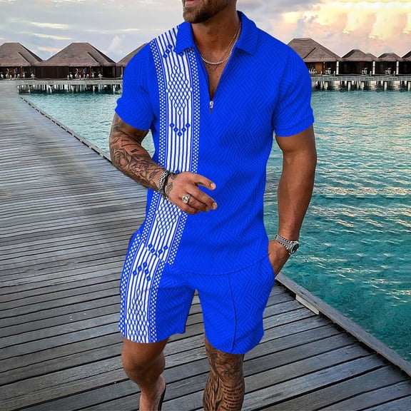Vedolay Short Sets For Men Casual Short Sets for Men Clothing Patchwork Beach Slim Fit Shorts and T-Shirt Summer Short Set,Blue XL