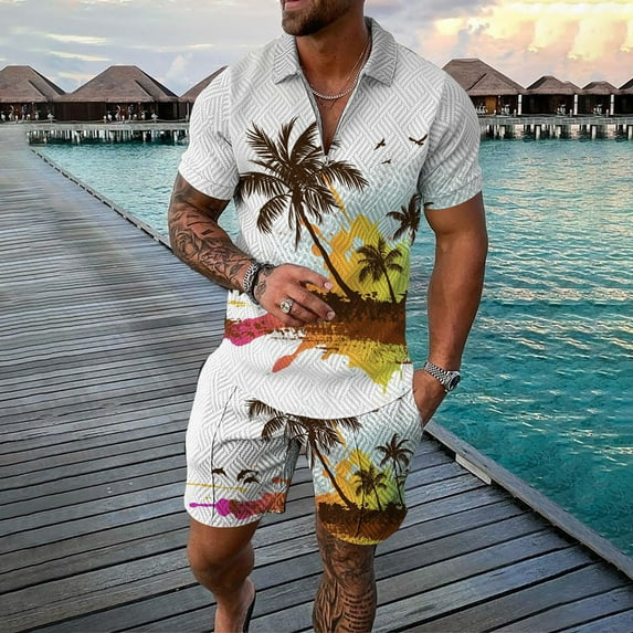 Vedolay Short Sets For Men Casual Summer Men's 2 Piece Outfits Tropical Hawaiian Short Sleeve Button Shirt and Drawstring Shorts Set,E-White 3XL