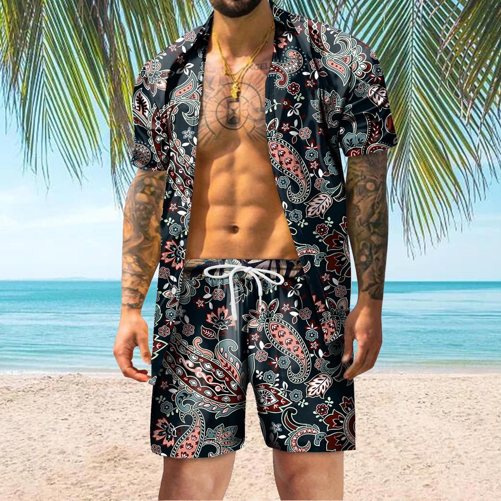 n/a Beach Wear Clothes Men Shirt Set Sea Side Vocation Clothing Loose 2  Piece Set Outfits (Color : A, Size : XL code) : : Fashion