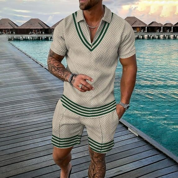 Vedolay Short Sets For Men Men's 2 Pieces Print Set Shirt&Short Summer Set for Men,Beige XL