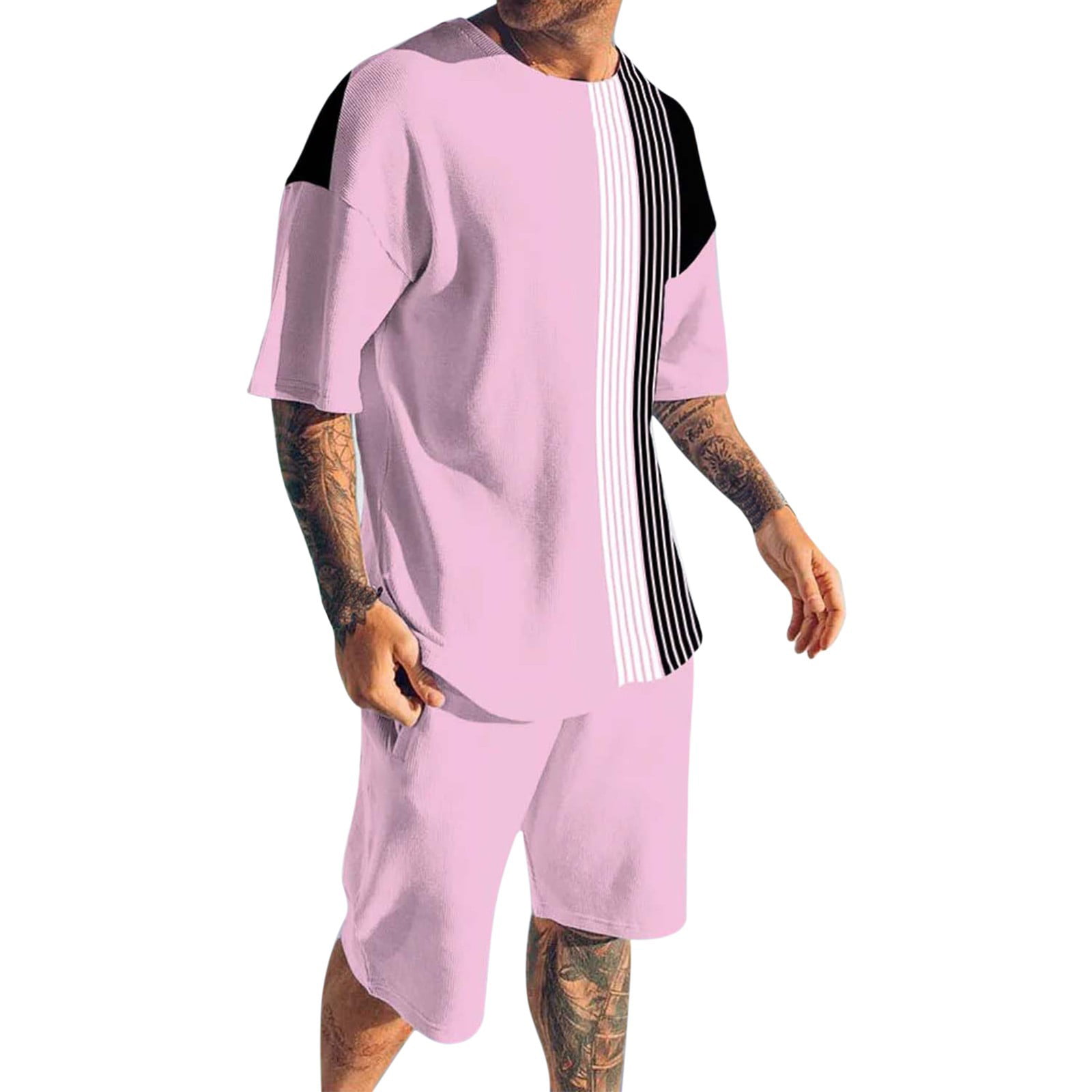 Vedolay Mens Short Outfits Men's 2 Piece Summer Tracksuit Shirt and Shorts  Set Casual Sport Suit Quick Dry,Pink 4XL 