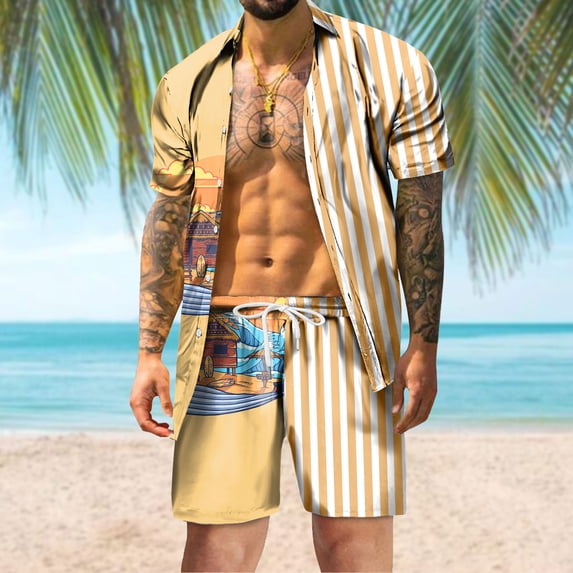 Vedolay Short Sets For Mens Men's Hawaiian Sets Short Sleeve Beach Flower Shirts and Shorts Outfits,Green M