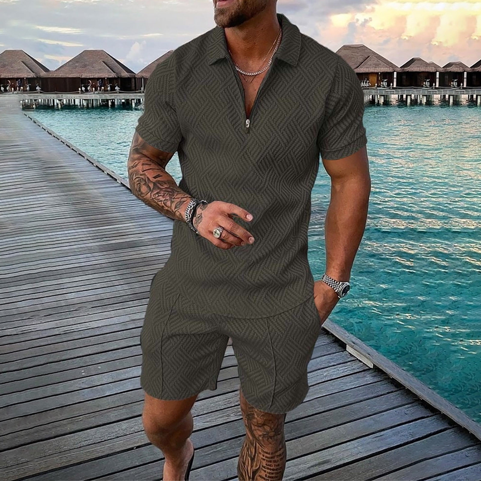 Vedolay Short Sets For Mens Men's Short Sets Outfits 2 Piece Summer  Tracksuit Plaid Short Sleeve T Shirt and Shorts Set,Gray XXL 
