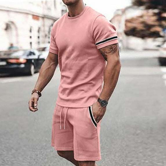 Vedolay Short Sets Men 2 Piece Outfits Men's Short Sleeve Muscle Tee Shirts and Classic Fit Sport Shorts Sets,Pink 5XL