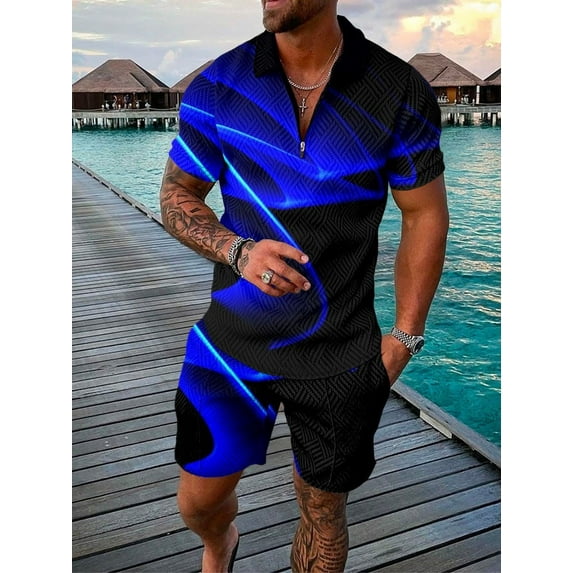 Vedolay Short Sets Men 2 Piece Outfits Men's Shorts Set 2 Piece Set Short Sleeves and Sports Shorts Set,Blue XL