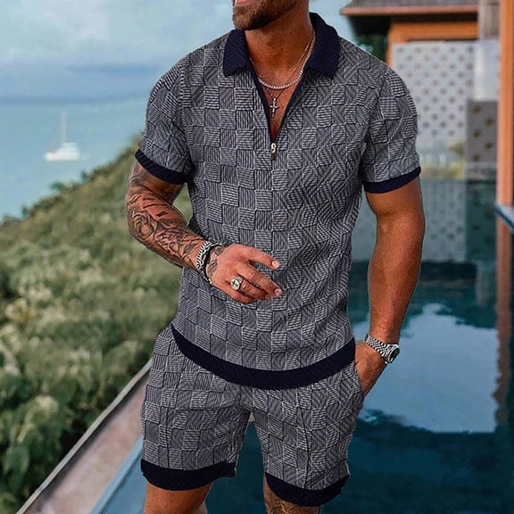 Vedolay Short Sets Men 2 Piece Outfits Vacation Men's Summer Shirt & Shorts Set Two Piece Casual Sports Outfits,Gray L