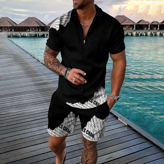 Vedolay Short Sets Men Men's 2 Piece Summer Outfits Casual Shirts and Classic Fit Sport Shorts Sets,Black XL