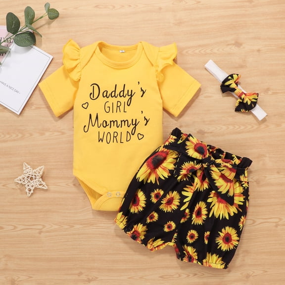 Vedolay Shorts Tracksuit For Girl Girl's Summer 2 Piece Outfit Print Bow Front Ruffle Hem Tank Top and Shorts Set,Yellow 3-6Months