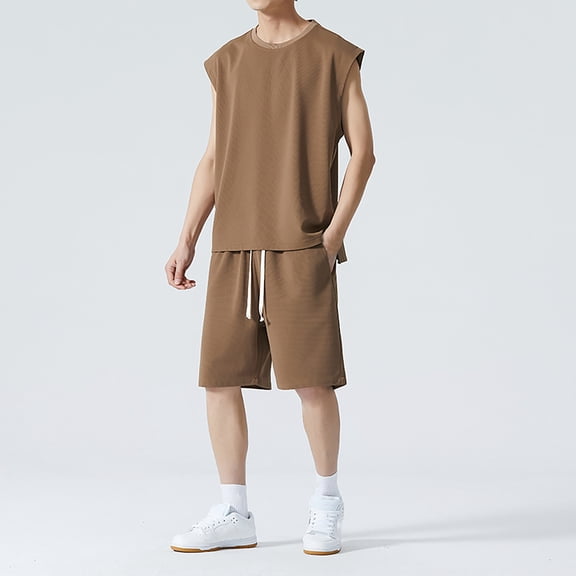 Vedolay Shorts Tracksuit For Men Men's 2 Pieces Shirt Set Short Sleeve Fashion Summer Tracksuits Casual Set,Coffee M