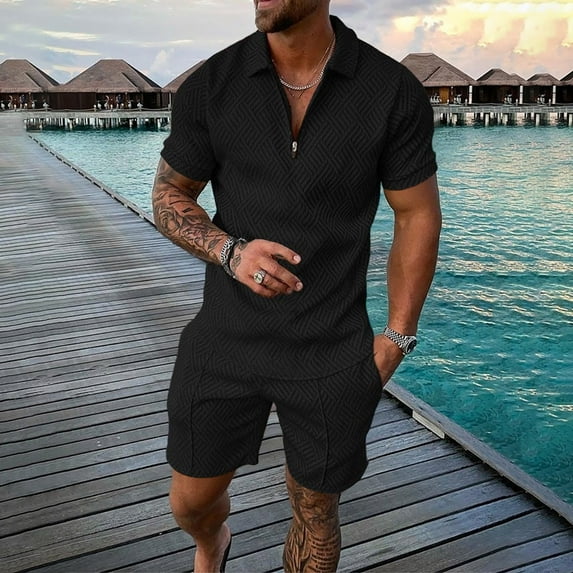 Vedolay Shorts Tracksuit For Men Men's Shorts Set 2 Pieces Casual Fit Sports Tracksuit Shirt + Shorts Suits,Black 5XL