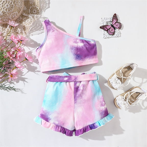 Vedolay Shorts Tracksuit Girl's Summer 2 Piece Outfit Print Bow Front Ruffle Hem Tank Top and Shorts Set,Purple 1-2 Years