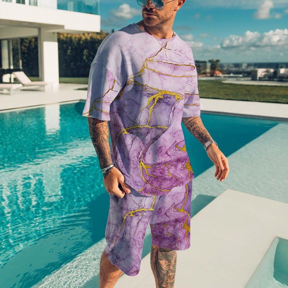 Vedolay Shorts Tracksuit Mens 2 Piece Outfits Short Sleeve Shirts and Shorts Sets,Purple 5XL