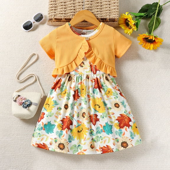 Vedolay Skirt For Girl Trendy Girl's Summer 2 Piece Outfits Floral Print Cami Crop Top and Drawstring Ruched Skirt Set,Orange 4-5 Years