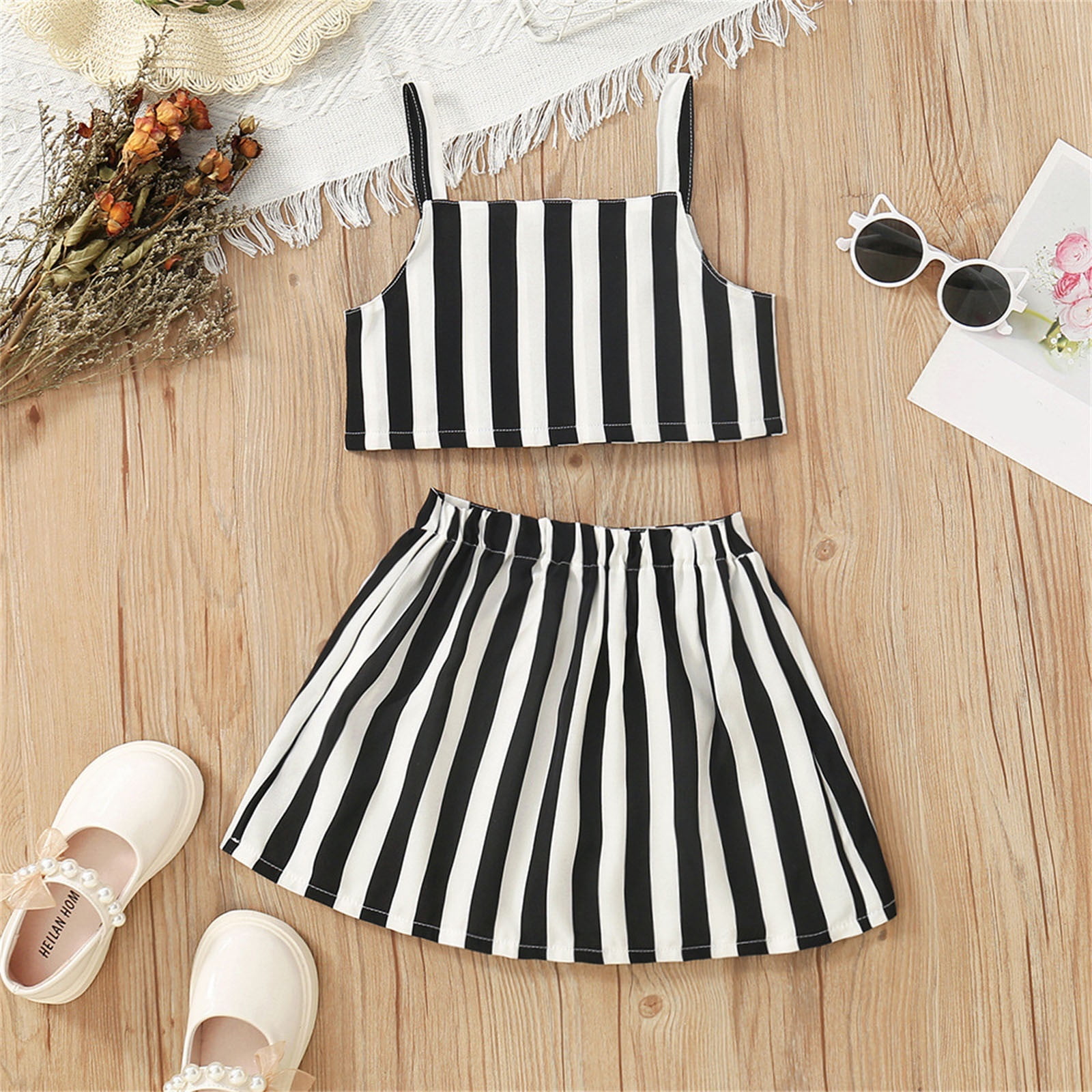 Vedolay Skirt For Girl Trendy Girl s Summer 2 Pieces Outfit Plaid Print Square Neck Short Sleeve Blouse Top and Skirt Set Black 2 3 Years Walmart
